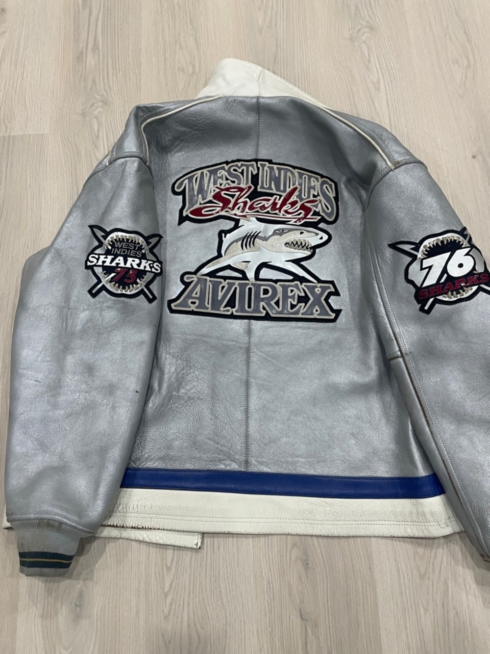 Avirex Silver West Indies Sharks Leather Bomber Jacket with Blue Trim